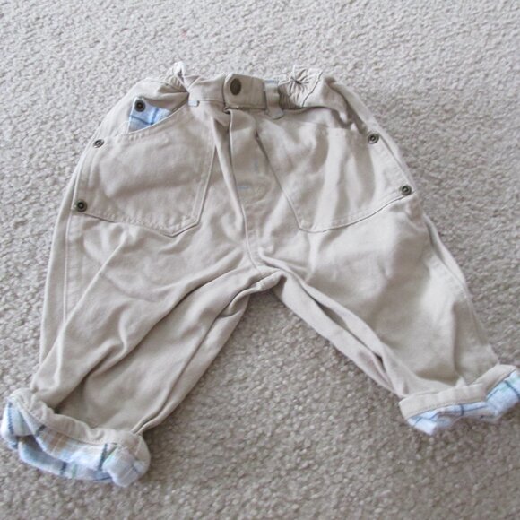 2 Pc Button Up Shirt Pants Outfit Boys Size‎ 3-6M Tan Plaid Long Sleeve Khaki - Picture 7 of 10